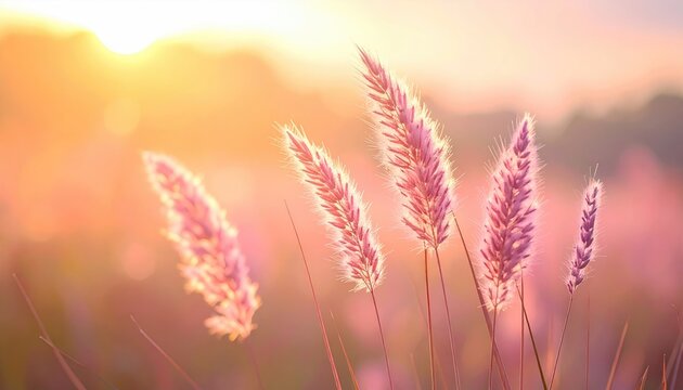 Golden Hour Sunlight Illuminates Delicate Pink Seed Heads with Water Droplets in a Field at Sunrise