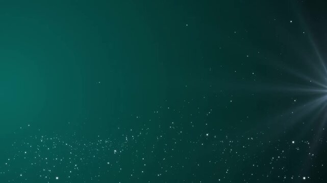 Elegant green rays and flying particles background with soft bokeh lights