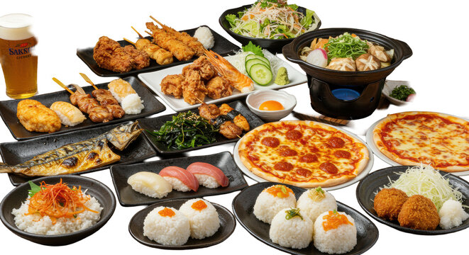 Extensive array of photorealistic Japanese dishes and beverages: grilled fish, karaage, yakitori, sushi, sake, beer, isolated on transparent background, flat lay. Concept of comprehensive Japanese