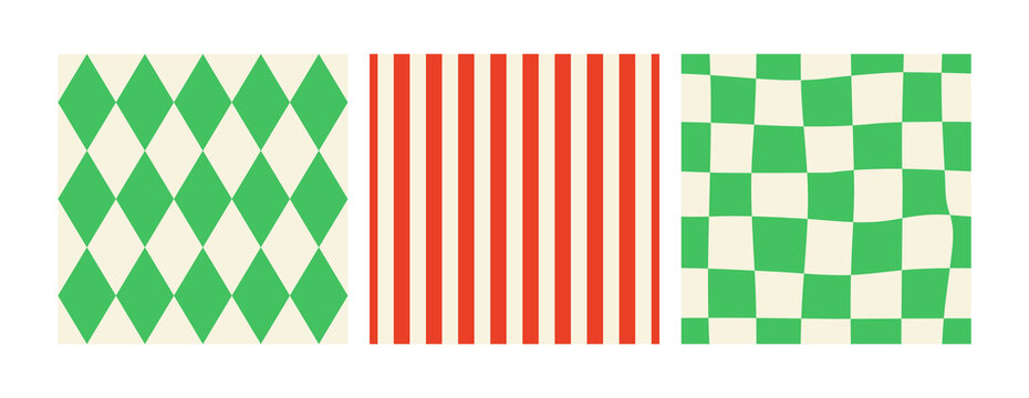 Set of abstract geometric holiday seamless patterns. Christmas vector flat backgrounds with stripes, checks and rhombuses. Festive design for wrapping paper, textiles and greeting cards