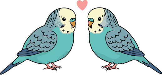 Cute blue parakeet couple illustration, romantic budgie birds with heart, adorable vector love birds drawing for Valentine’s Day design