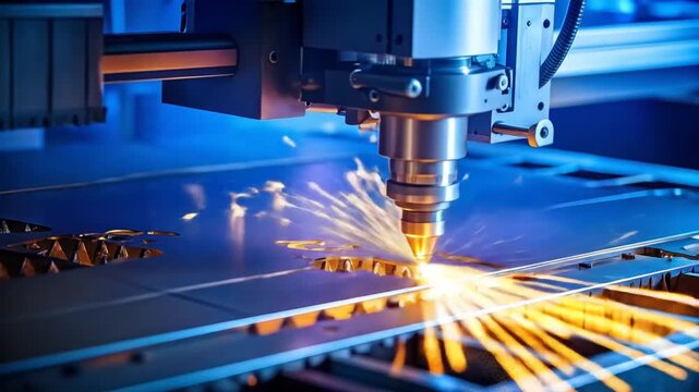 Laser cutting metal sheet with sparks.