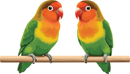 Beautiful green and orange lovebirds perched together on branch, colorful tropical parrot couple illustration for romantic nature artwork