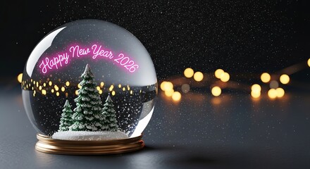 Happy new year 2026 snow globe with christmas trees and festive lights on a dark background