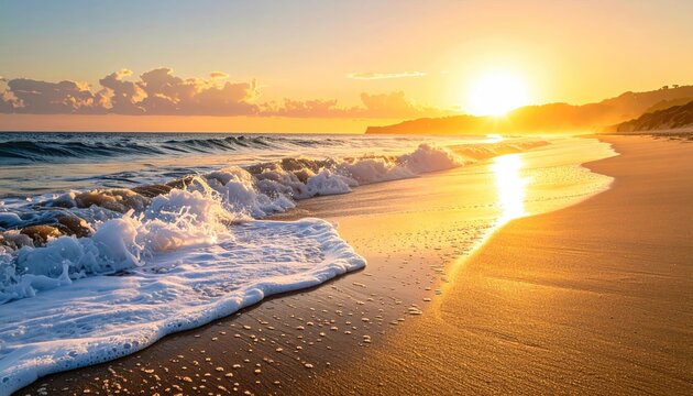 Golden sunset illuminates a sandy beach with gentle waves washing ashore reflecting the warm sun over a blurred distant coastline and horizon line creating a serene coastal atmosphere. - Powered by Adobe