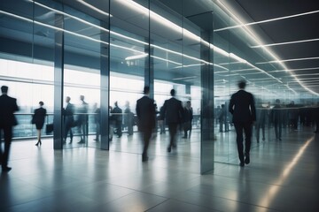 Crowd of business people walking in office fast moving with blurry business