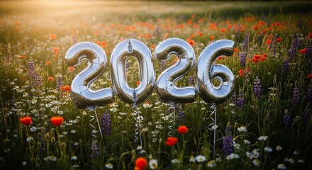 Silver 2026 balloons in a field of wildflowers, celebrating the upcoming new year in nature