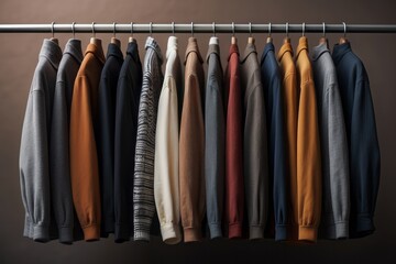 Clothes hanging in row. Many clothes for autumn or fall season