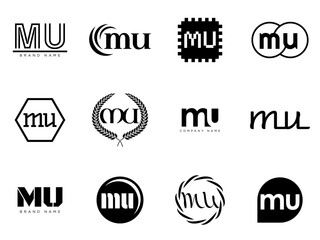 Obraz premium MU logo company template. Letter m and u logotype. Set different classic serif lettering and modern bold text with design elements. Initial font typography.