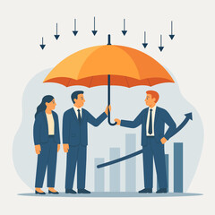 Vector illustration of business people standing under a large umbrella symbolizing teamwork, protection, and business stability. Ideal for insurance, risk management.