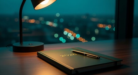 Desk lamp illuminating a notebook and pen with a city view at night, creating a cozy ambiance