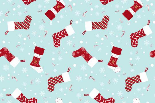 Christmas seamless pattern. Christmas cute pattern. Christmas background. Winter design with Santa Claus, reindeer, snowman, gift, snowflakes, candy cane, ginger bread, wreath for wrapping paper, card