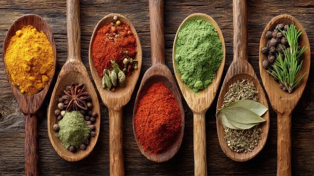 Various dried herbs and ground spices displayed in a row of wooden spoons on a rustic surface