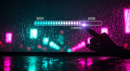 Loading bar showing the progress from 2025 to 2026 with a hand touching the screen