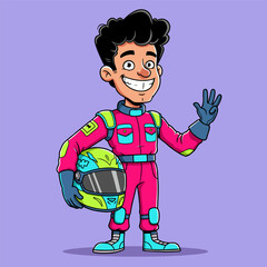 Obraz premium Happy cartoon racer in a neon pink suit, holding a helmet, waving against a purple background.