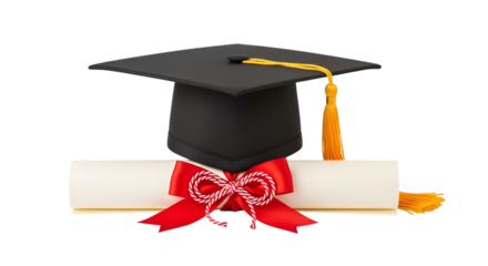 Graduation Cap and Diploma Scroll Tied with Red Ribbon graphic isolated on a transparent background