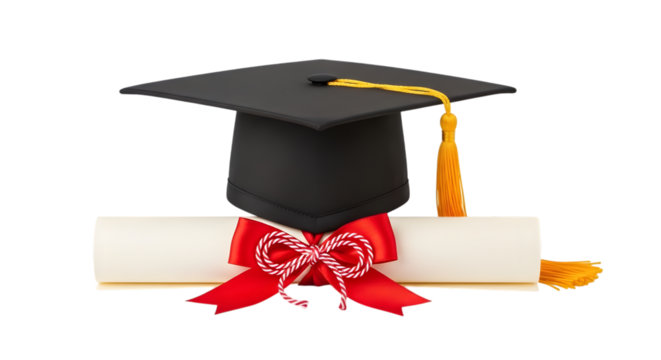 Graduation Cap and Diploma Scroll Tied with Red Ribbon graphic isolated on a transparent background