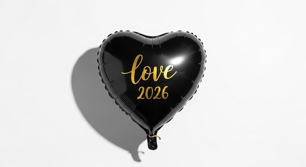 Black heart shaped balloon with love 2026 isolated on white background, a symbol of affection and celebration