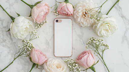 White smartphone surrounded by roses and gypsophila on marble table