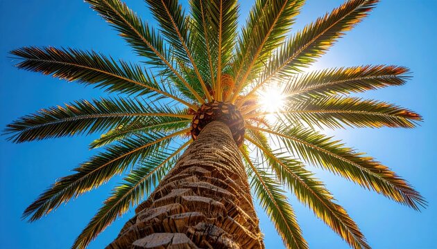 Low angle view of a tall palm tree trunk against a vibrant blue sky with bright sun shining through its green fronds creating a starburst effect - Powered by Adobe