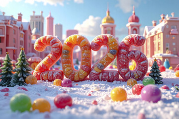 Text with the year 2026 in large letters inside a European city in a Christmas celebration atmosphere