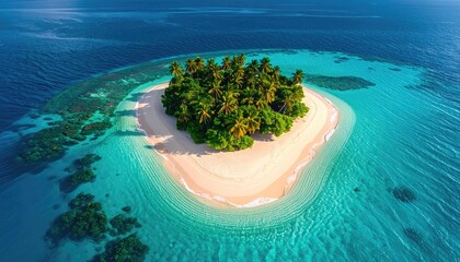 Lush Tropical Island Paradise With White Sand Beach Surrounded by Crystal Clear Turquoise Ocean Waters and Coral Reefs