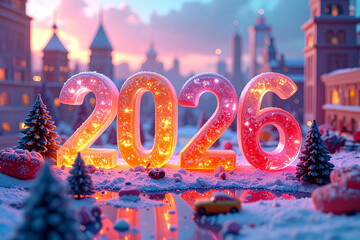 Text with the year 2026 in large letters inside a European city in a Christmas celebration atmosphere