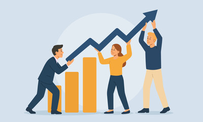 Flat vector illustration of a team supporting an upward arrow symbolizing growth, success, and teamwork in business. Suitable for presentations, websites, and business strategy materials.