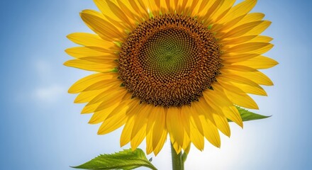 A vibrant sunflower in full bloom against a bright blue sky, its petals radiating warmth and joy on a sunny summer day