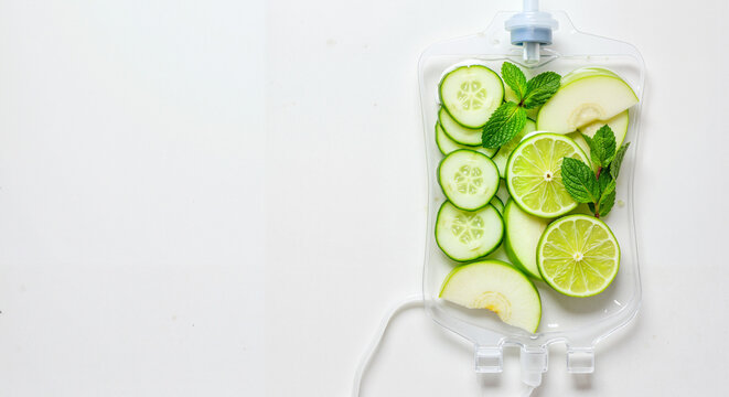 Fresh green fruit and herbs in IV drip bag on white background  