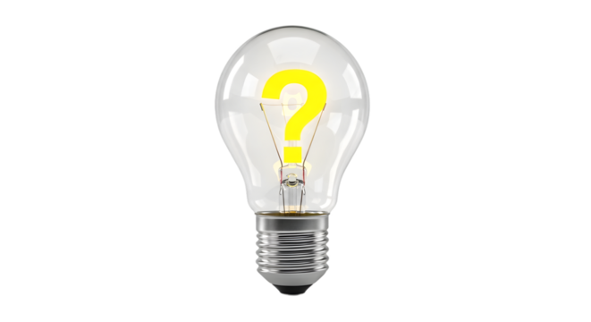 Incandescent light bulb with a glowing yellow question mark inside on a black background idea concept isolated on a transparent background