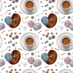 Seamless pattern craftswomans life.A coffee cup,wooden knitting bowl with scattered yarn balls,threads,buttons and leather product tags.Watecolor illustration as a symbol of warmth of womens hands