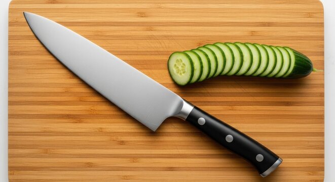 A sharp chefs knife sits on a wooden cutting board next to a sliced cucumber, ready for food preparation or a healthy snack