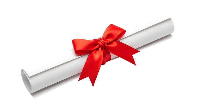 Rolled white paper scroll tied with a red satin ribbon and bow on a black background document certificate isolated on a transparent background