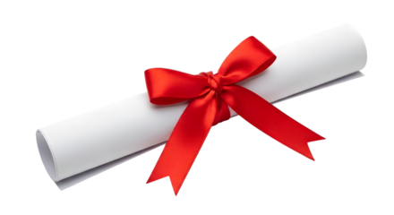 Rolled white paper scroll tied with a red satin ribbon and bow on a black background document certificate isolated on a transparent background