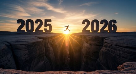 A silhouette jumping from 2025 to 2026 over a canyon at sunset, representing transition and new beginnings