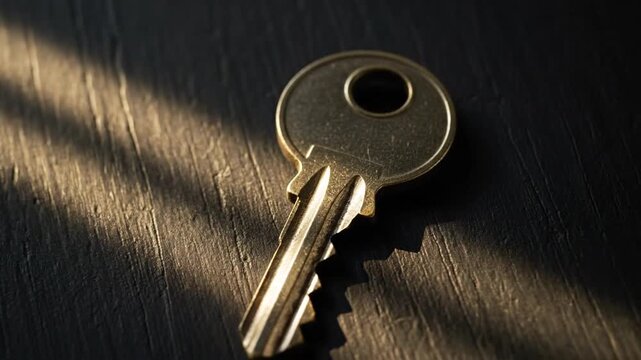 Close up of a single brass key lying on a dark wooden surface with dramatic light rays.