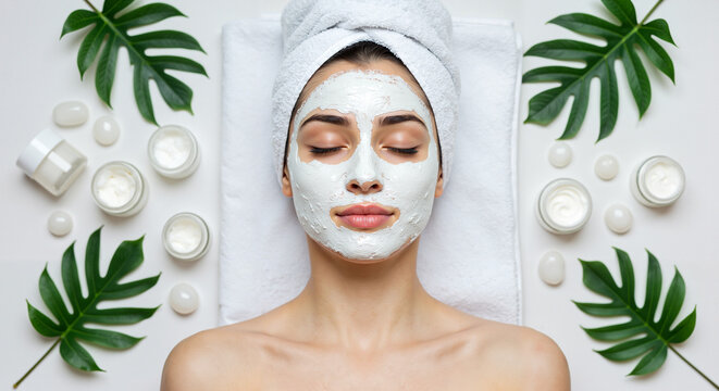Young woman with facial mask relaxing on spa towel surrounded by skincare products  