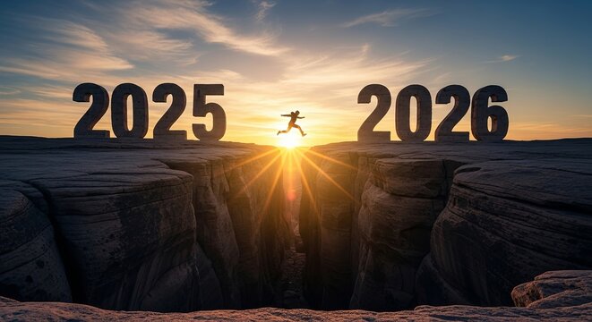 A silhouette jumping from 2025 to 2026 over a canyon at sunset, representing transition and new beginnings