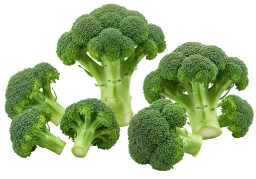 Multiple vibrant green broccoli florets and stalks, dewy, crisp, intricate textures, isolated against a seamless transparent background with copy space, concept of healthy eating and natural goodness - Powered by Adobe