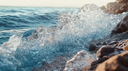 The shoreline of a sea that has crystalline, geometric waves instead of water, the solid waves frozen in mid-crash against a rocky shore, impossible physics, beautiful abstract.
