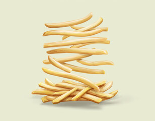 Floating Stack of Golden French Fries on Light Yellow Background