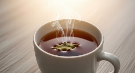 Aromatic herbal tea in a white cup with a single leaf floating, capturing the essence of relaxation and the warmth of a comforting beverage
