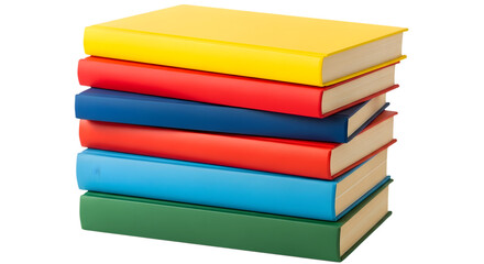 Stack of six colorful books with yellow red blue and green covers on black background graphic design isolated on a transparent background