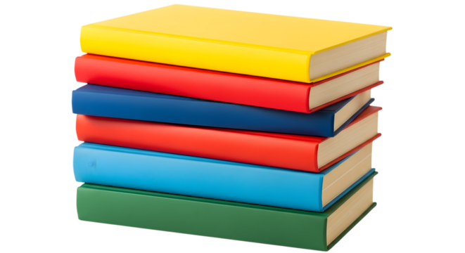 Stack of six colorful books with yellow red blue and green covers on black background graphic design isolated on a transparent background