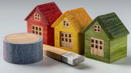 Red, yellow, and green rectangular wooden blocks forming a triangle with a separate blue cylinder on white background. Minimalist style with no shadows, ideal for preschool education materials, childr