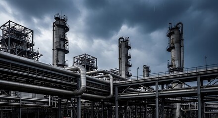 Fototapeta premium Industrial Landscape - Complex Piping and Towers Under a Stormy Sky.