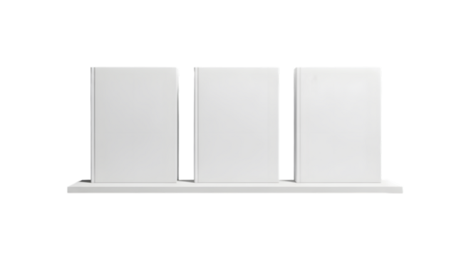 Three Blank White Rectangular Boxes Standing on a White Shelf Against a Black Background graphic 39262bbf2f29a659c9b4712a720c455edr isolated on a transparent background
