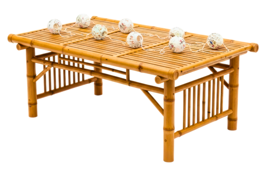 Low bamboo table with a garland of decorative woven lights isolated on transparent background