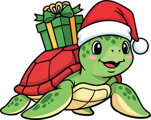 Cute Christmas turtle wearing Santa hat and carrying gift box cartoon vector illustration